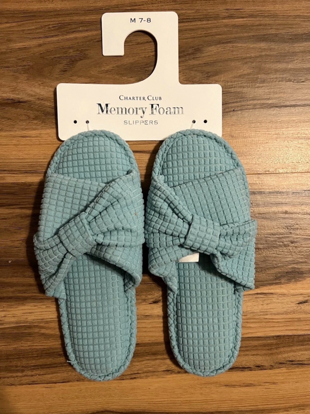 Charter Club Women's Textured Knot-Top Slippers, Blue, Size M (7-8) MSRP $35